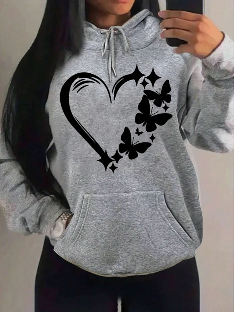 Combination Of Love And Butterfly Pattern Sweater Women Hip Hop Street Hoodies Trendy Pocket Clothes Vintage Multicolor Hoody