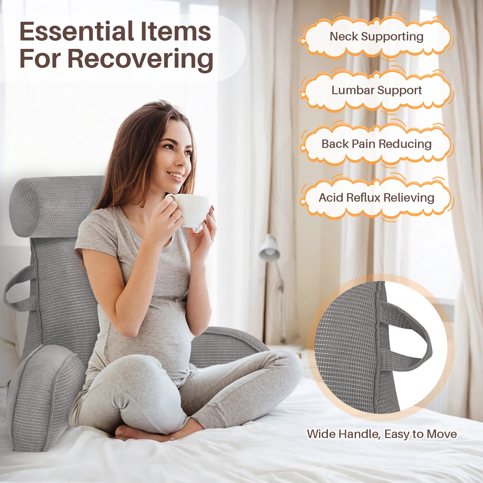 Lesekissen für Bett und Sofa mit abnehmbarem Bezug - Rückenkissen fürs Bett - Memory-Schaum-Lesekissen mit Armlehne, ideal zum Lesen, Fernsehen, Entspannen oder als Rückenstütze – Detail 8