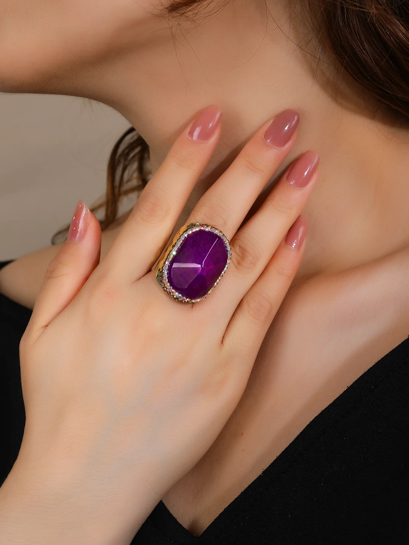 

YEEVAA Purple Agate Gemstone Ring Healing Crystal Adjustable Handmade Wide14k Gold Plated Jewelry Gift