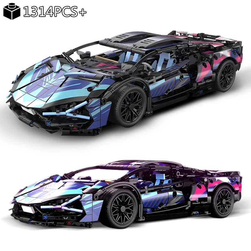 1314PCS Technical 1:14 Black Purple Sport Car Building Blocks Assemble Racing Vehicle Bricks Toys Birthday Gift For Kid Boy