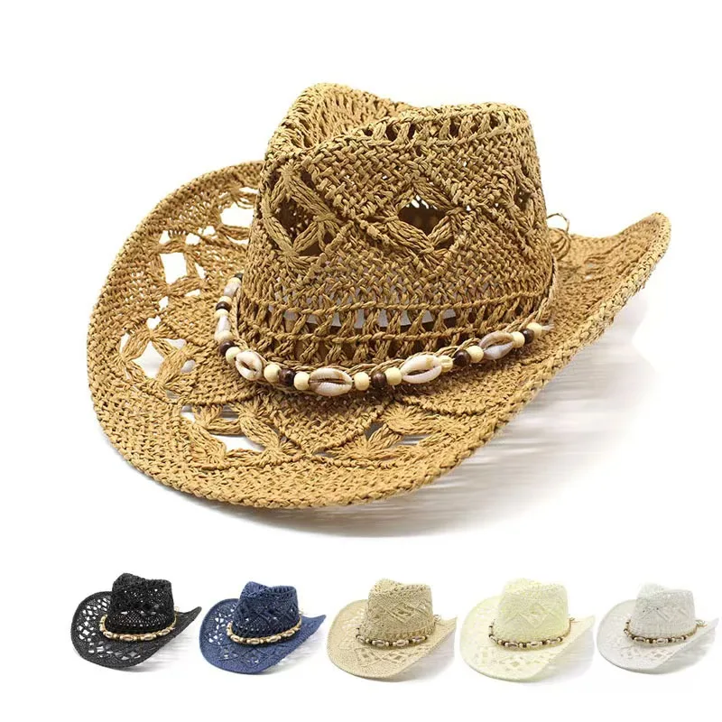 Sommerlicher Boho-Muschel-Strohhut für Damen und Herren – Cowboyhüte mit Holzperlen, ausgehöhlter Western-Sonnenhut mit breiter Krempe, Urlaubsmütze