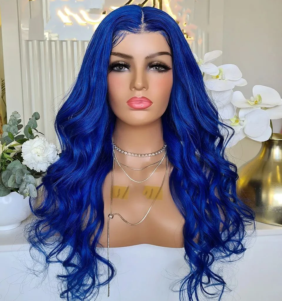 Blue Colored  Loose Wave Glueless Synthetic Hair Lace Front Wig For Black Women High Temperature Fiber  Hairline Cosplay