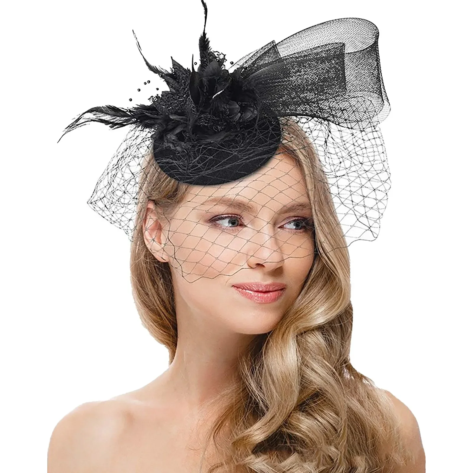 Tocado de velo para mujer, diadema de fiesta de té, sombrero de flores, cintas de malla, plumas, Clip para el cabello para boda, diadema de cóctel, accesorios