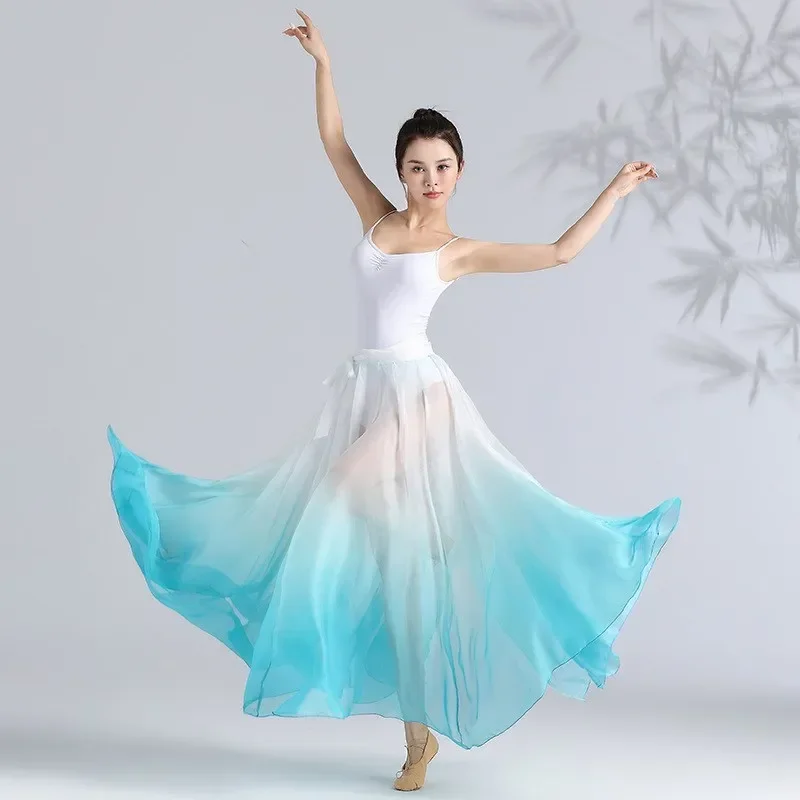 Chinese Ethnic Classical Modern Dance Training Skirt Gradient Elegant Performance Swing Skirt Wrap Design Flowy Dress White Blue