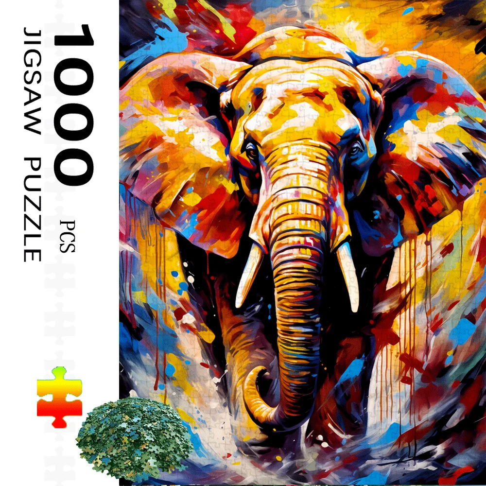 1000pcs Elephant Abstract Jigsaw Puzzle for Adults & Families - Large Challenging Brain Teaser with Vibrant Orange/Blue/Black/
