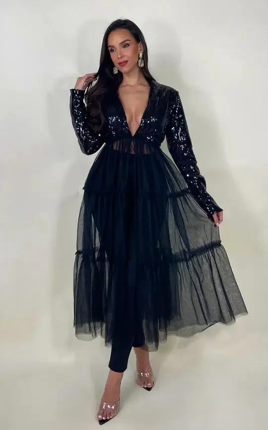 

2024 Fashion Lapel Long Sleeve Stitching Tulle Coat Spring Sexy See-Through Sequined Lace-Up Dress V-neck Long Top Streetwear