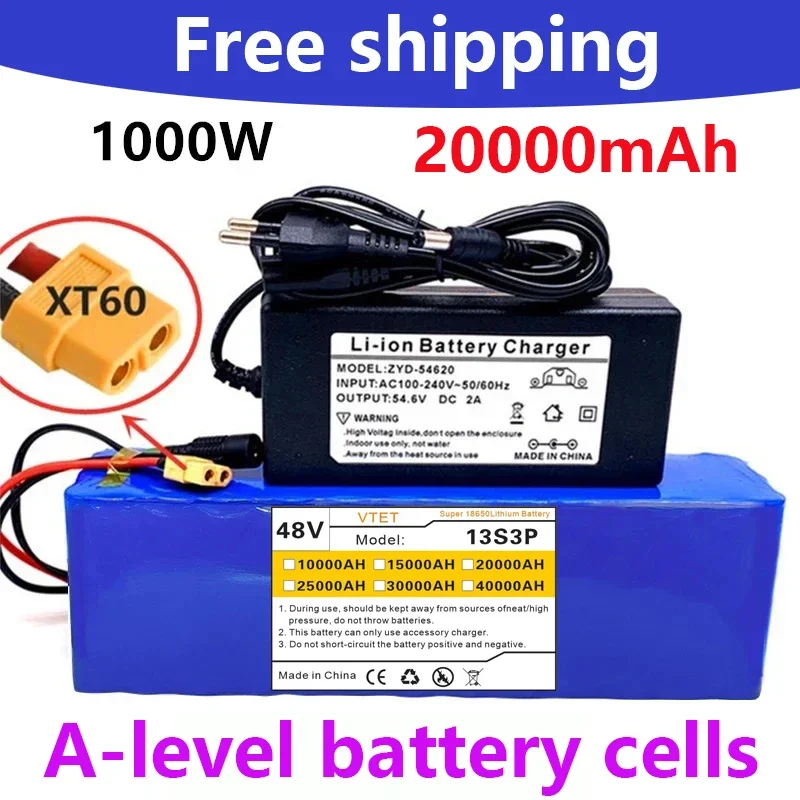 2025 48V 99999mAh 1000W 13S3P XT60 18650 Lithium Battery Pack 99AH for 54.6V E-bike Electric Bicycle Scooter with BMS+charger