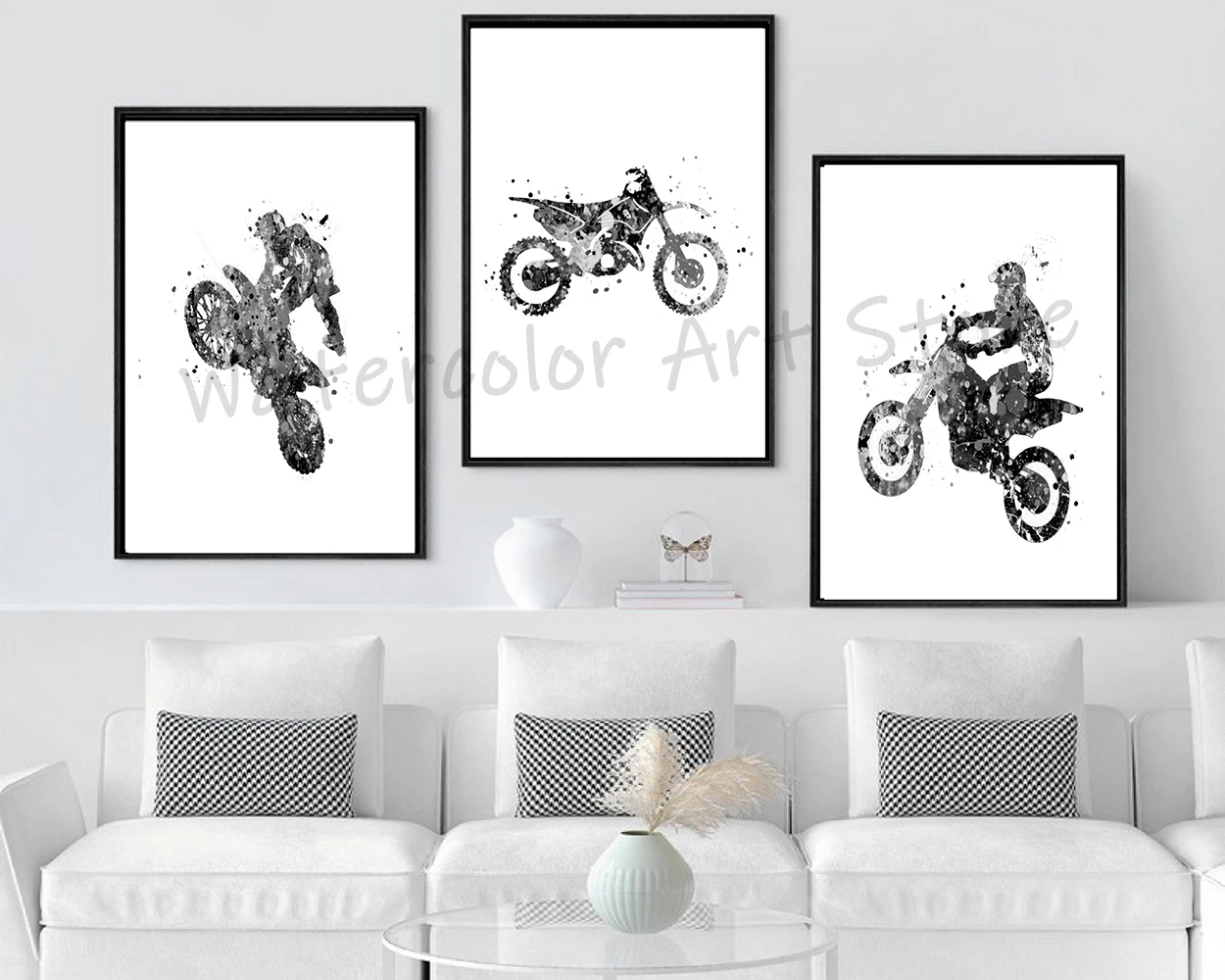 Motocross Watercolor Art Poster Black & White Sport Wall Art Canvas Painting Prints Motorbike Stunt Racer Poster Boys Room Decor