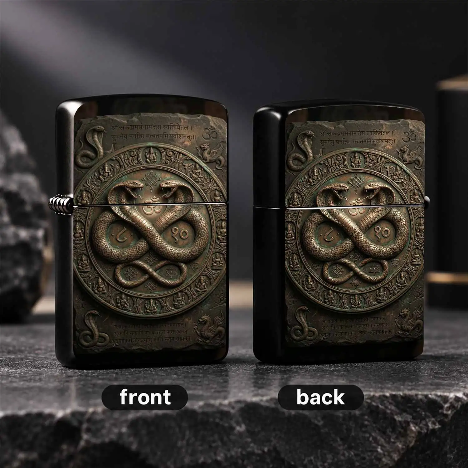 Vintage Hindu Spiritual Twin Serpent Totem Lighter, Embossed Sacred Om Symbol Traditional Sanskrit Mantra Craft, Implies Eternal And Blessed Energy, Suitable For Daily Commute Outdoor Trips All Scenarios, Ideal For Personal Collection And G
