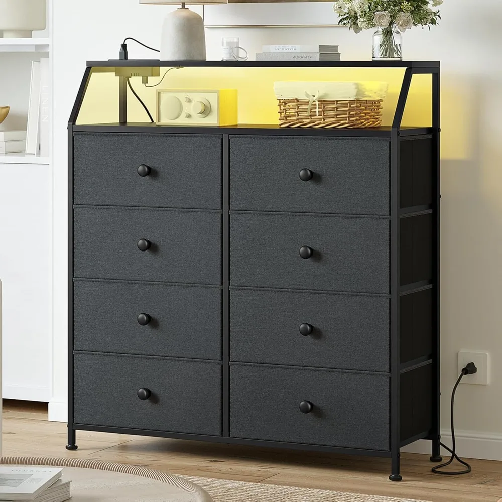 

Dresser for Bedroom with Charging Station and LED Lights, Black Tall Chest of Drawers with Shelf, 2Pcs Wooden Top