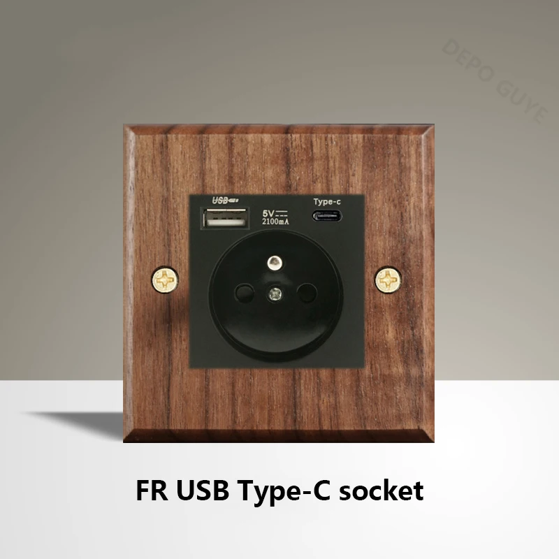 Black Walnut Wood Toggle Light Switch,Home retro Brass Panel,FR UK Universal Double USB Wall Electrical Socket Vintage Switch image 3