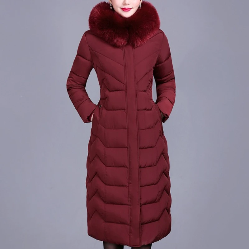 Women's Long Sleeve Padded Coat Winter Warm Faux Fur Collar Thick Plus Size Over Knee Parka Outerwear Zipper Pocket Fashion Coat