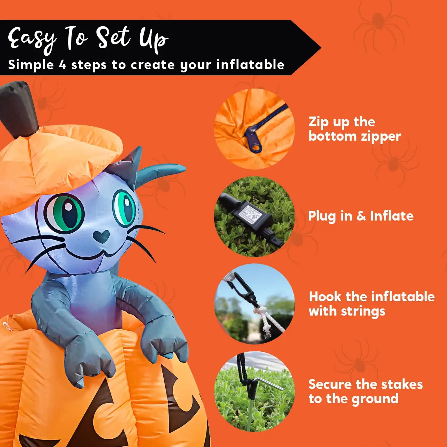 Joyfy 5 pieds animé Kitty chat Halloween gonflable sur citrouille décoration extérieure Halloween gonflable cour pelouse gonflable