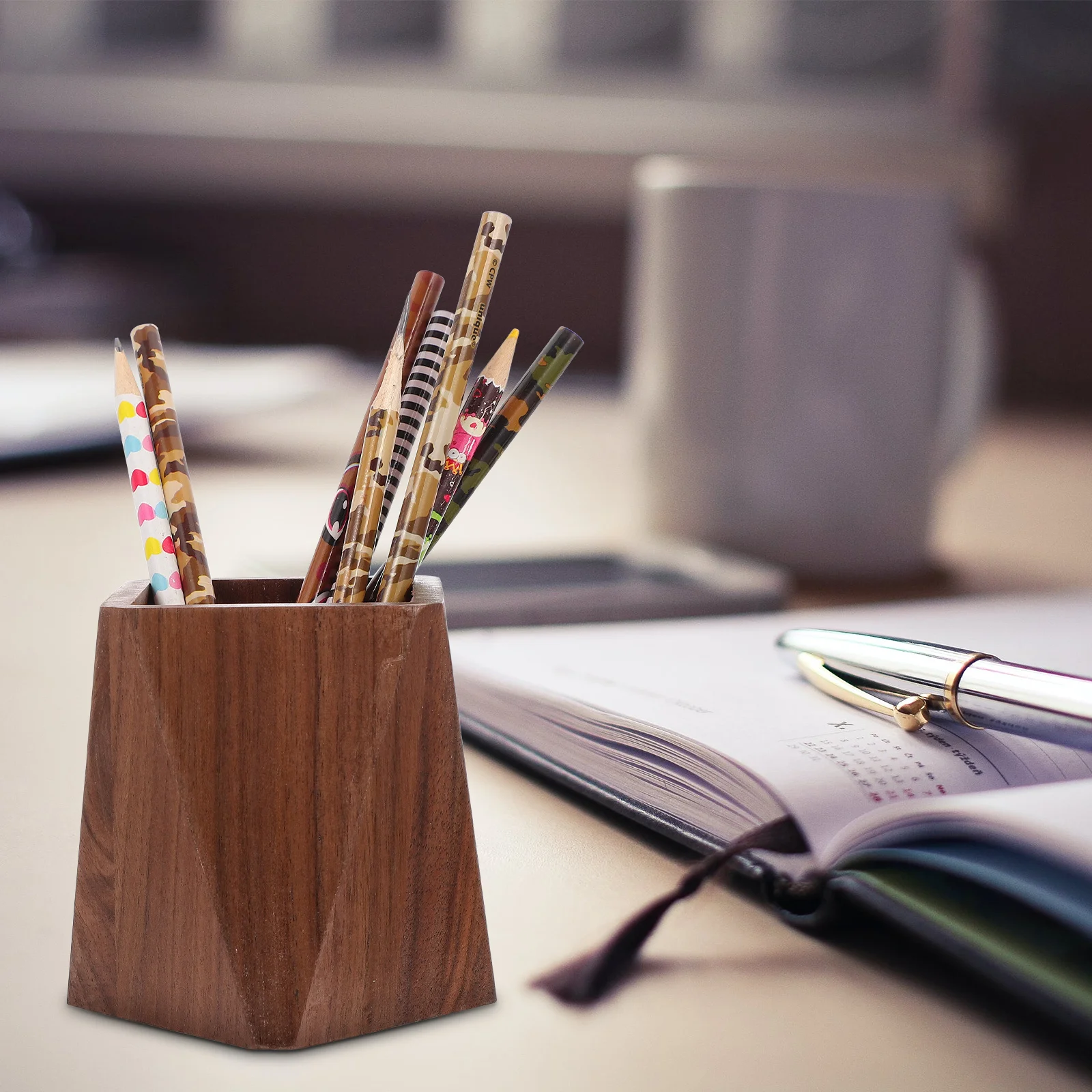 

1pc Wooden Pen Holder Smooth Finish Desktop Decor Creative Stationery Organizer Pencil Storage Bucket