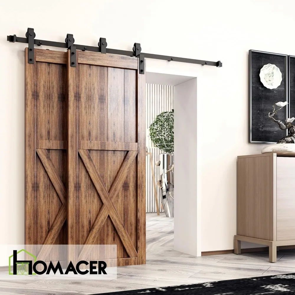 Black Rustic Single Track Bypass Sliding Barn Door Hardware Kit, for Two/Double Doors,7ft Long Flat Track, Classic Design Roller