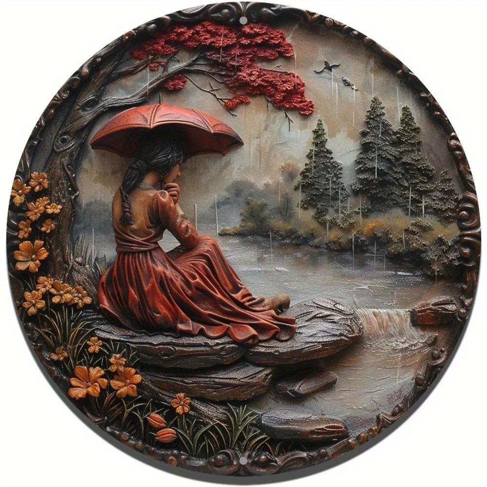 Elegant Lady with Umbrella, Round Rustic Aluminum Wall Sign, HD Print, Waterproof, Outdoor, Indoor Decor, 8in &11.8in 1pc