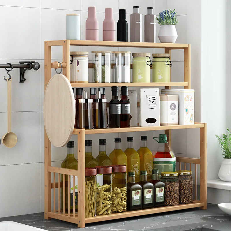 Kitchen organizer Shelf Simple Seasoning Shelving Multi-Layer Oil Salt Sauce Vinegar Storage Shelf Space wooden storage rack