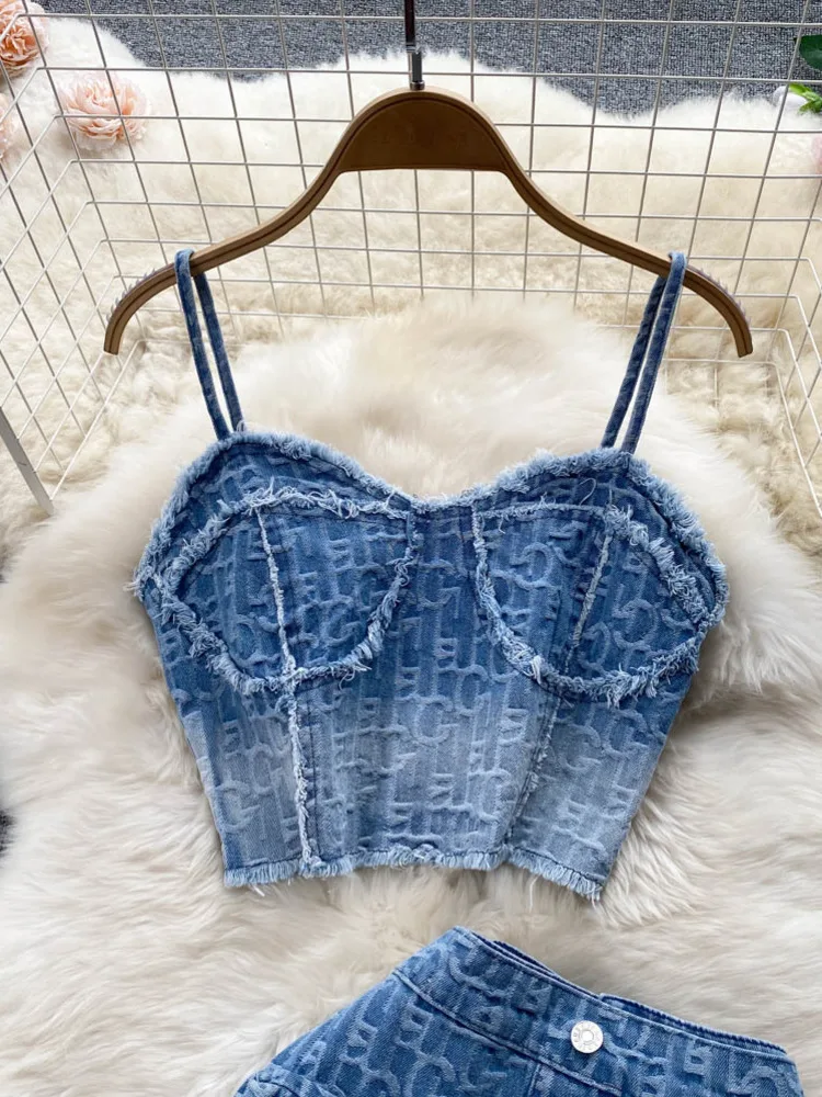 Women Summer Sexy Denim Set Strapless Sling Zipper Design Crop Top + Short Button Mini Shorts Skirt Jeans Two Piece Suits