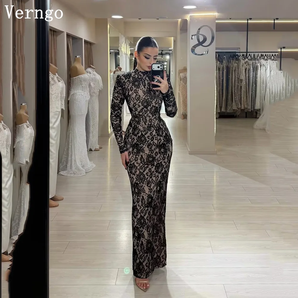 

Verngo Black Lace Evening Dress High Neck Full Sleeves Mermiad Formal Occasion Dress Elegant Party Gowns Customized
