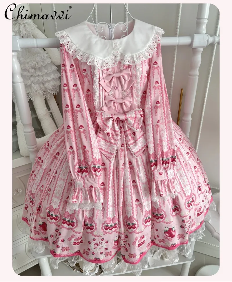 

Cute Strawberry Donut Cartoon Print Op Dress New Autumn Lolita Style Original Long Sleeve Sweet Bowknot Elegant Princess Dress