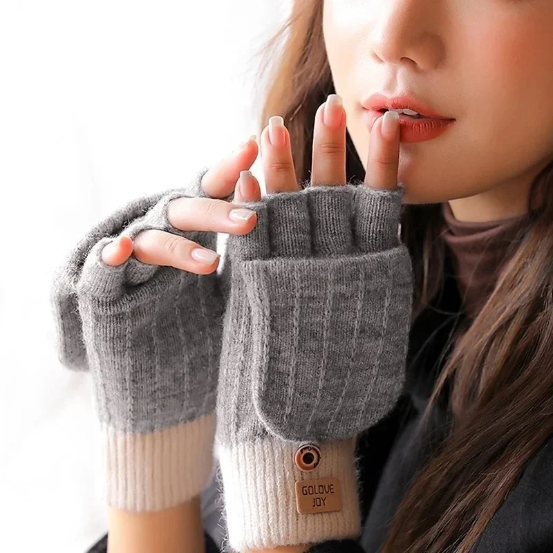Halbfinger-Flip-Handschuhe für Damen im koreanischen Stil – süßer Strick, für den Winter, kältebeständig und warm