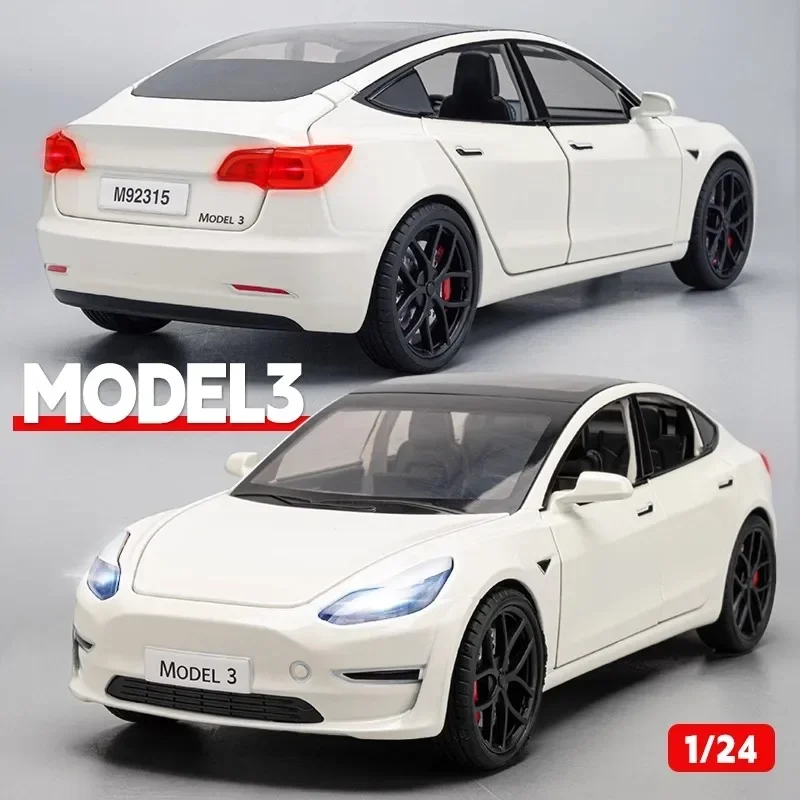 

Модель автомобиля Tesla Model 3 из сплава, масштаб 1:24, литая под давлением, со звуком и светом, игрушка для детей, подарок