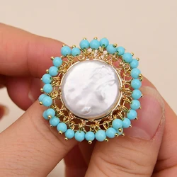 G-G Natural White Coin Pearl Blue Turquoise Finger Ring Adjustable