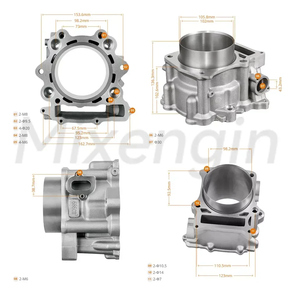 ATV 686cc Big Bore 102mm For Yamaha Rhino Grizzly 660 2001-2008 5KM-11310-00-00 Motorcycle Engine Parts Ceramic cylinder block