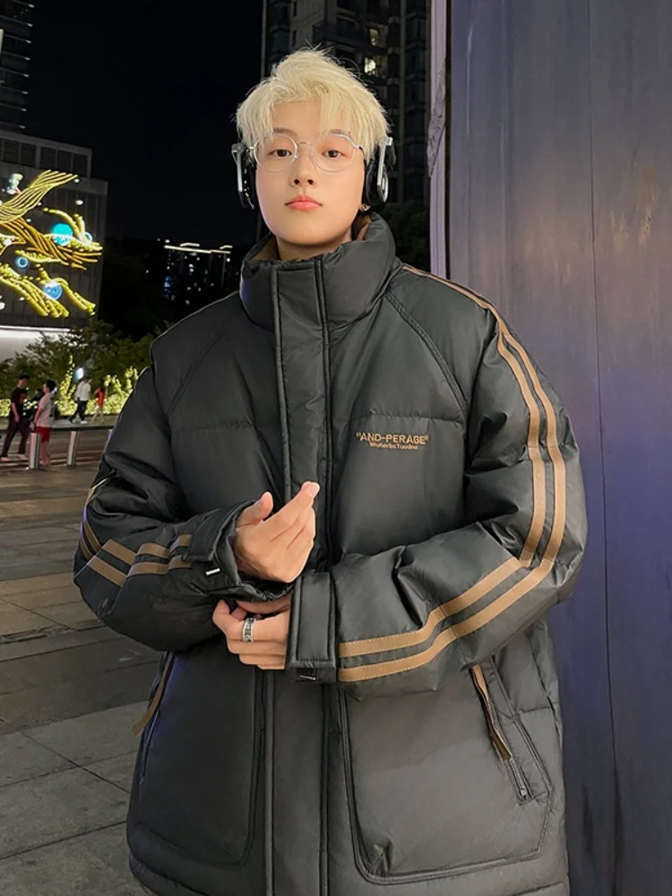 

Модная белая мужская утепленная куртка свободного кроя с полосатым узором и воротником-стойкой, зимняя верхняя одежда для молодежи