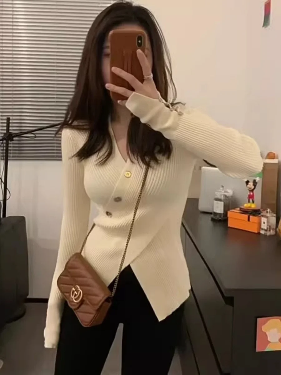 

New Year 2026 Women's Knitted Base Shirt Autumn Winter High-End Feeling Irregular V-neck Sweater Inner Wear Commute Style Kor...