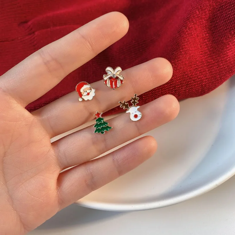 4 Pcs/set Cute Christmas Small Earrings For Women Girls Santa Claus Xmas Tree Elk Stud Earring Party New Year Daily Jewelry Gift