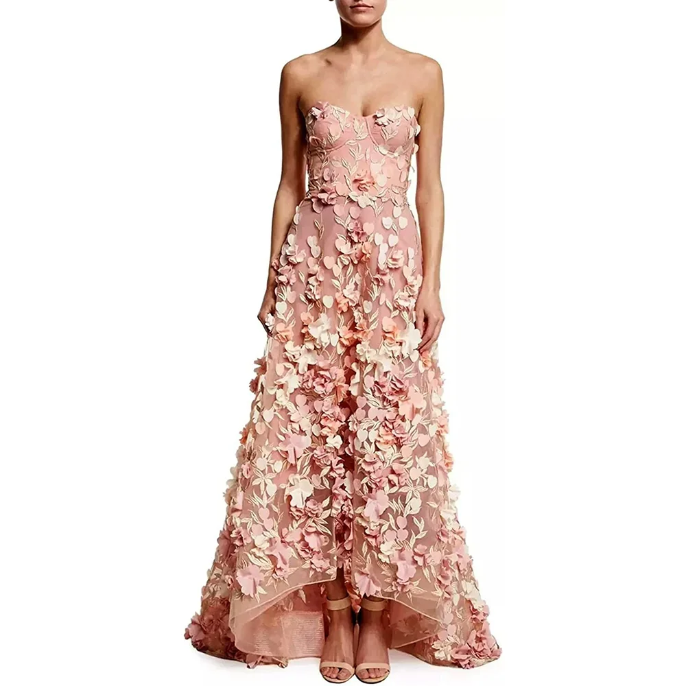 Chique Bloemen Avondjurken Mode Strapless Mouwloos 3D Bloemen A-lijn Jurken Elegante Vloerlengte Dames Feest Galajurken