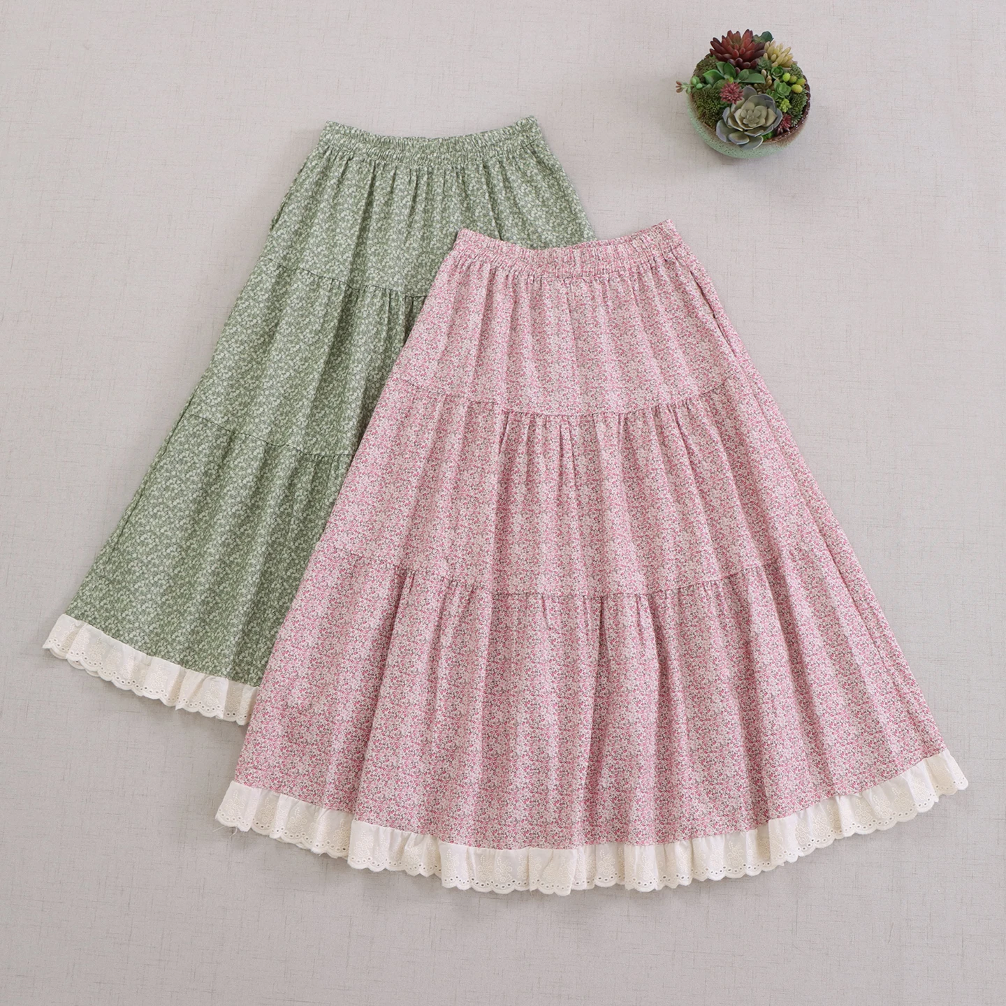 Japanese Sweet Mori Girl Vintage Floral Printed Lace Hem Patchwork Skirts Women Summer Elastic Waist Casual Loose A-Line Skirts