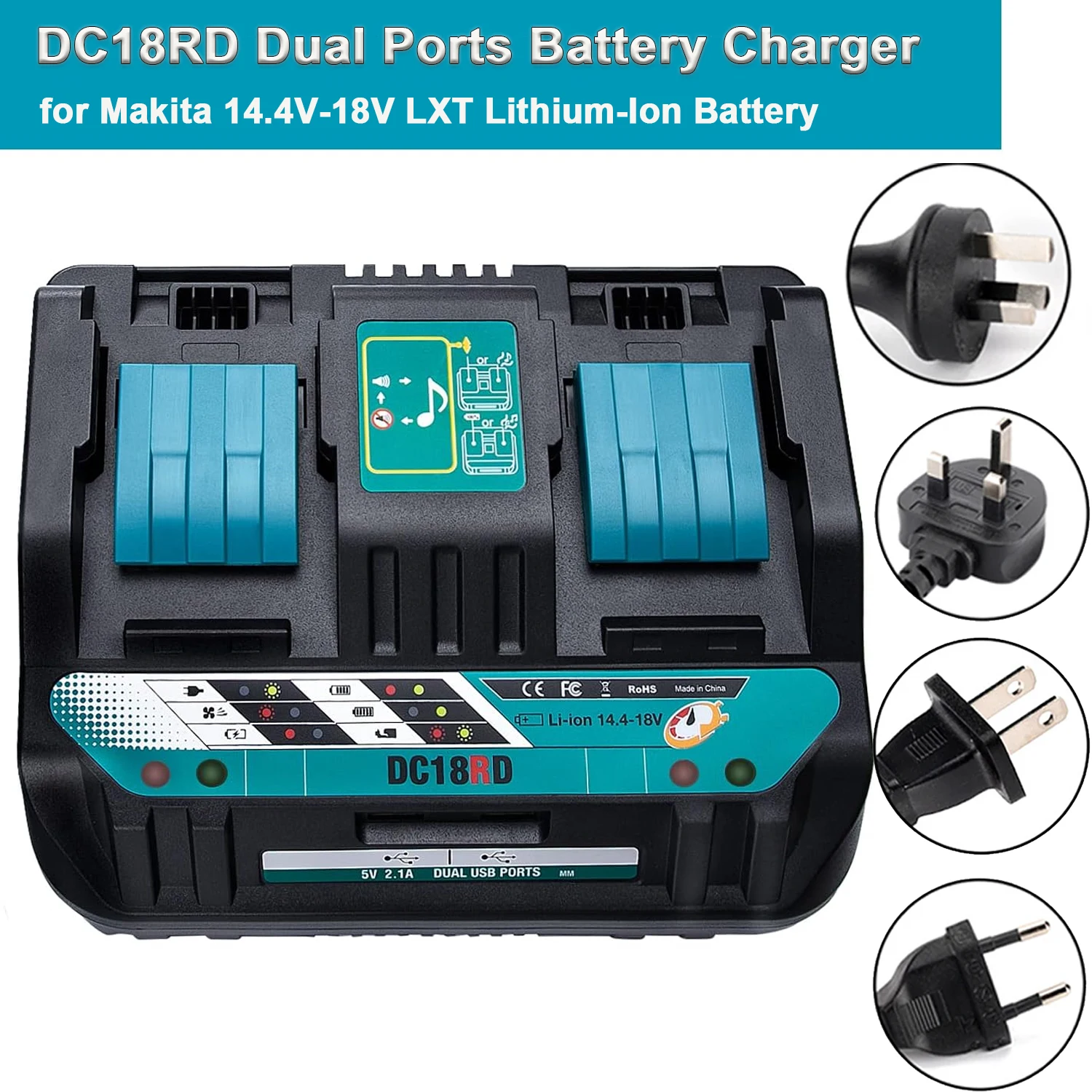

Dual Ports Lithium Battery Charger for Makita 14.4V-18V LXT Fast Charging Power Tool DC18RD