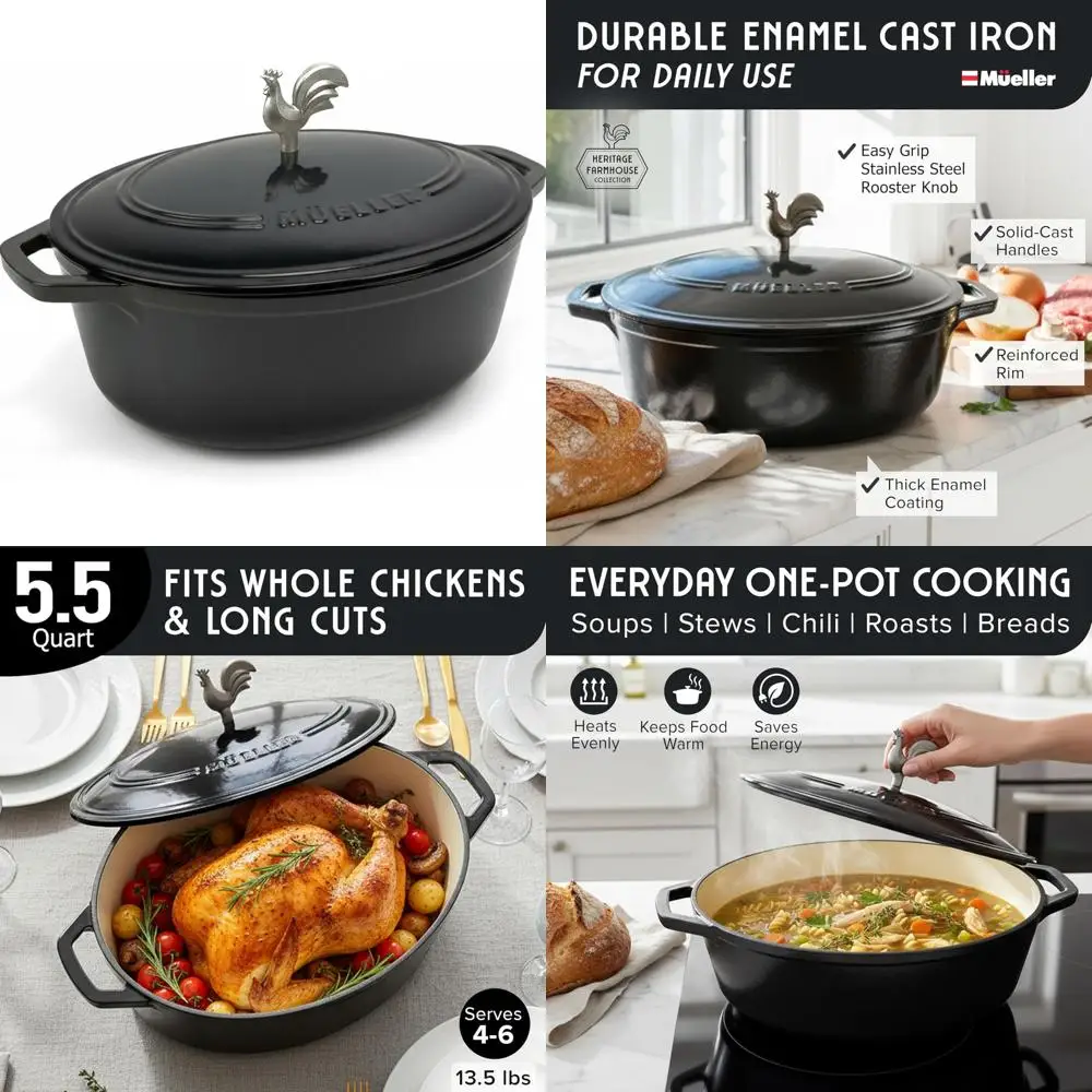 

Enameled Cast Iron Oval Dutch Oven, 5.5 Quart, Heavy-Duty Cookware, Rooster Knob, Oven-Safe up to 500°F, All-Purpose Cooking