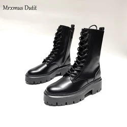 Mrxmus Dutit 2024 Winter Fashion New Women Genuine Leather Lacing Flat Short Boots Round Head Simple Casual Short Female Chic