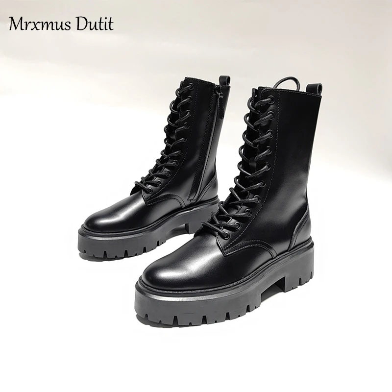 Mrxmus Dutit 2024 Winter Fashion New Women Genuine Leather Lacing Flat Short Boots Round Head Simple Casual Short Female Chic