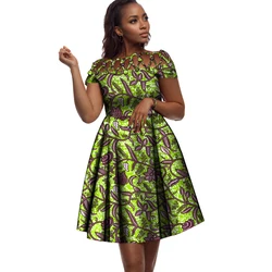 BintaRealWax African Dresses for Women Cotton Rope Weaving Collar African Print Wax Clothing Knee-Length Lady Dress WY335