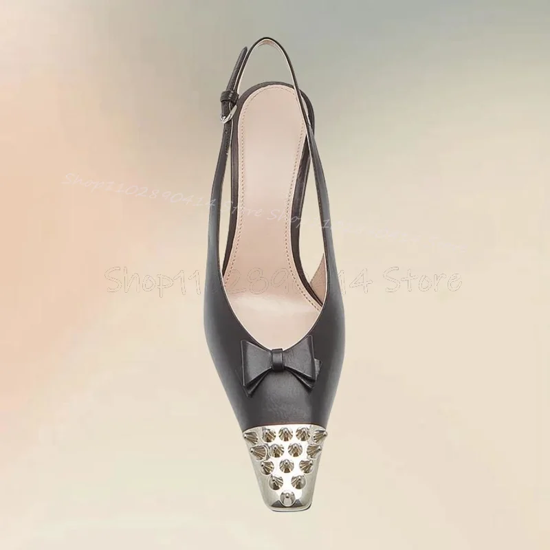 Silver Rivets Decor Black Bow Knot Cut Heel Pumps Slip On Women Shoes Chunky High Heels Fashion Banquet 2024 Zapatos Para Mujere