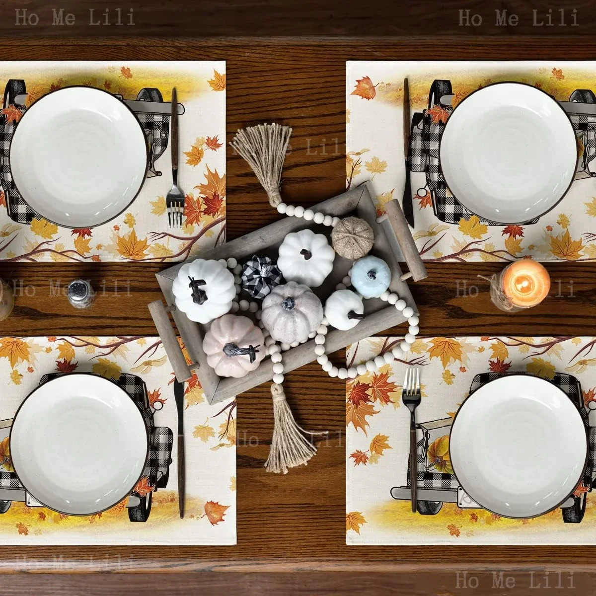 Maple Leaves Pumpkins Buffalo Plaid Truck Gnomes Fall Thanksgiving Harvest Durable Washable Placemats