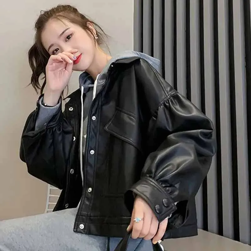 2025 Korean Women Fashion Short Lapel Collar PU Leather Jacket Tops Coat Female New Loose Fitting Versatile Faux Leather Jacket