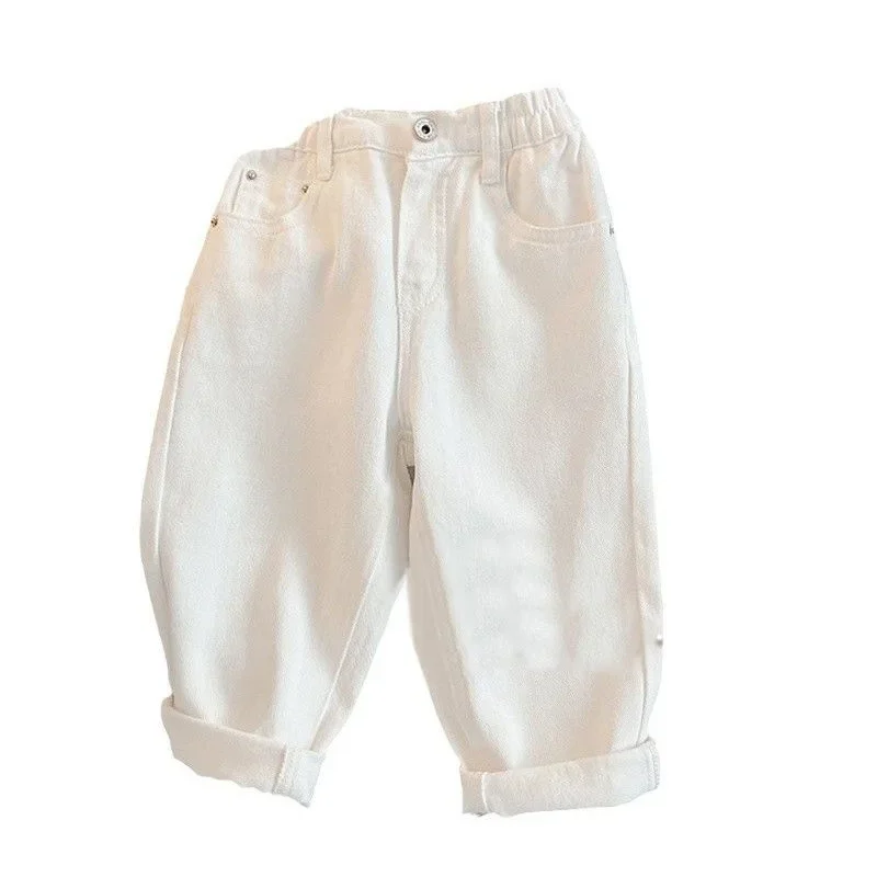 Unisex Kids White Jeans 2026 New Korean Children's Trousers Spring Autumn Versatile Fashion Denim Pants for Boys Girls 1-10 Yrs