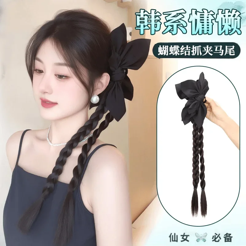 Wig Female Grab Clip Ponytail Black Bow Twist New Chinese Style Can Be Half Braided