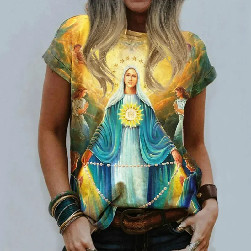 Summer Virgin Mary 3D Print T Shirt Casual Ladies Crew Neck Streetwear Jesus Religious Cartoon Top Harajuku O Neck T Shirt