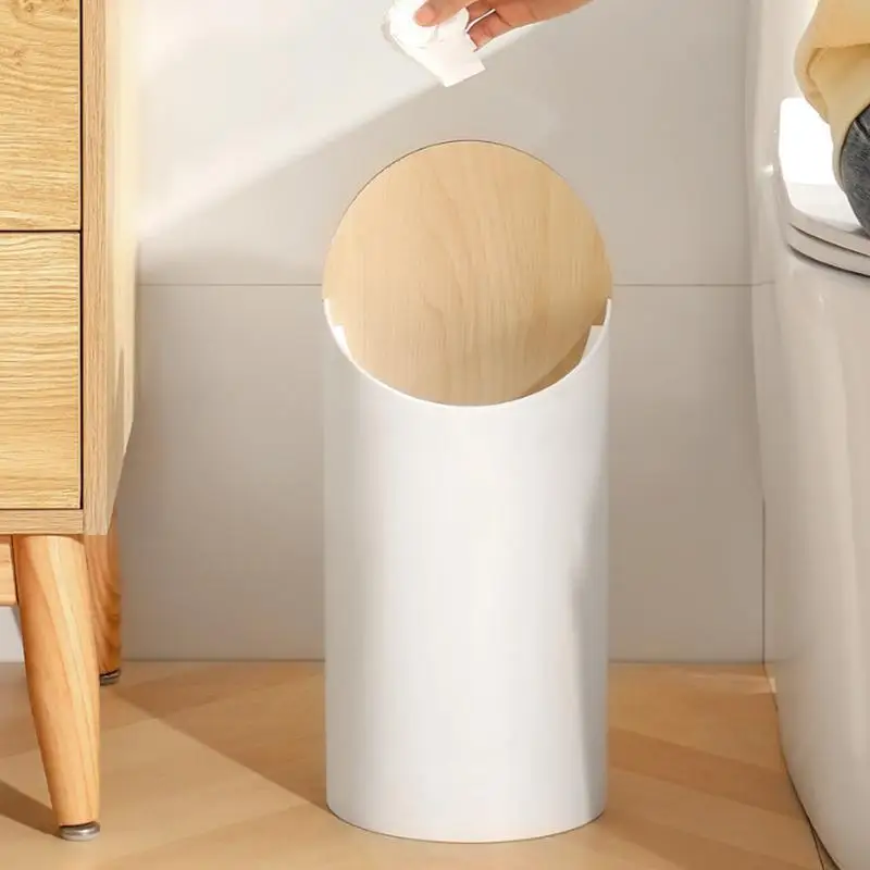 

Garbage Can With Lid White Round Garbage Can Modern Wooden Covered Waste Basket Sleek Garbage Container For Kitchen Bathroom