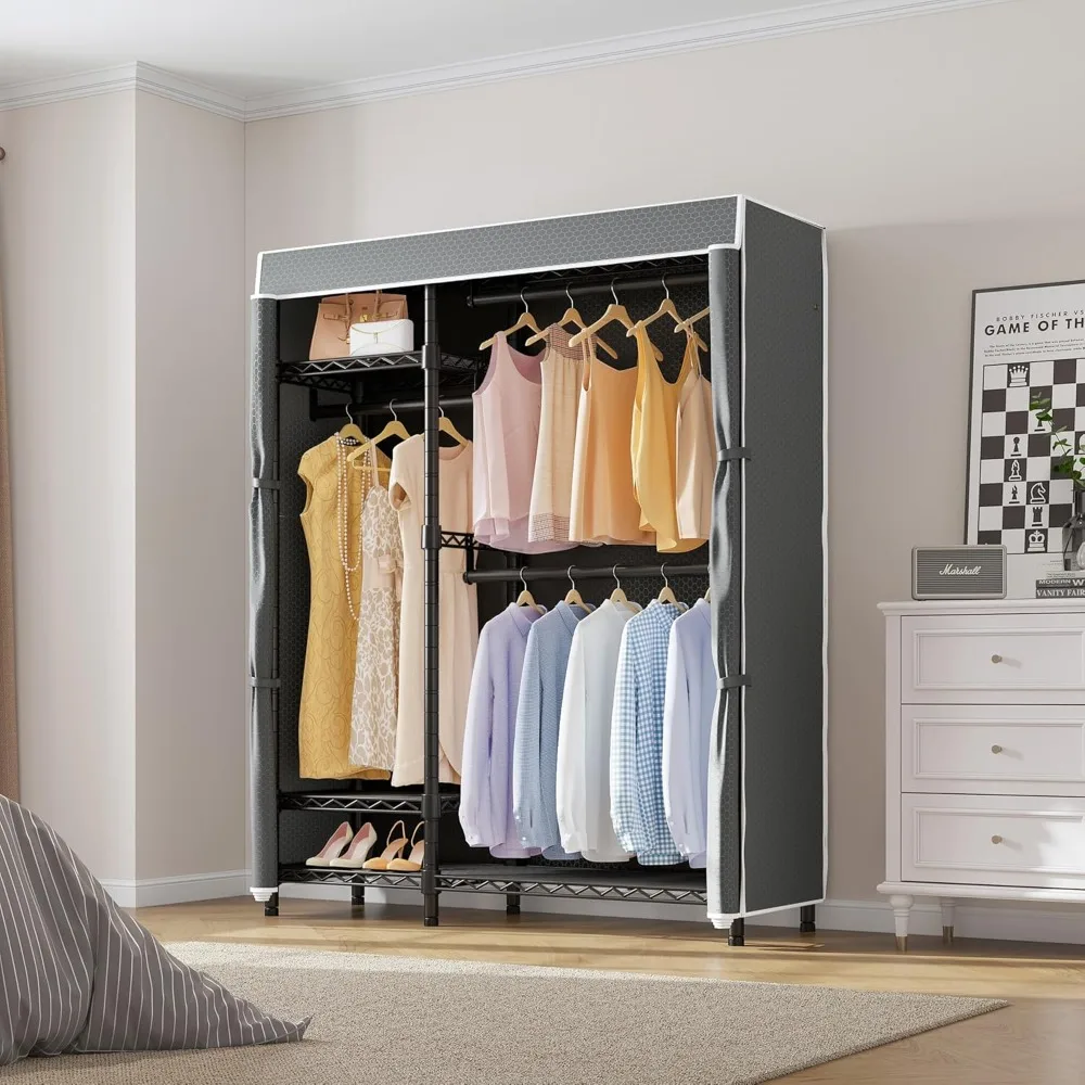 V2C Clothes Rack Wardrobe Closet, Garment Rack with Grey Upgraded Polyester Cover, Adjustable Shelves & Hang Rods