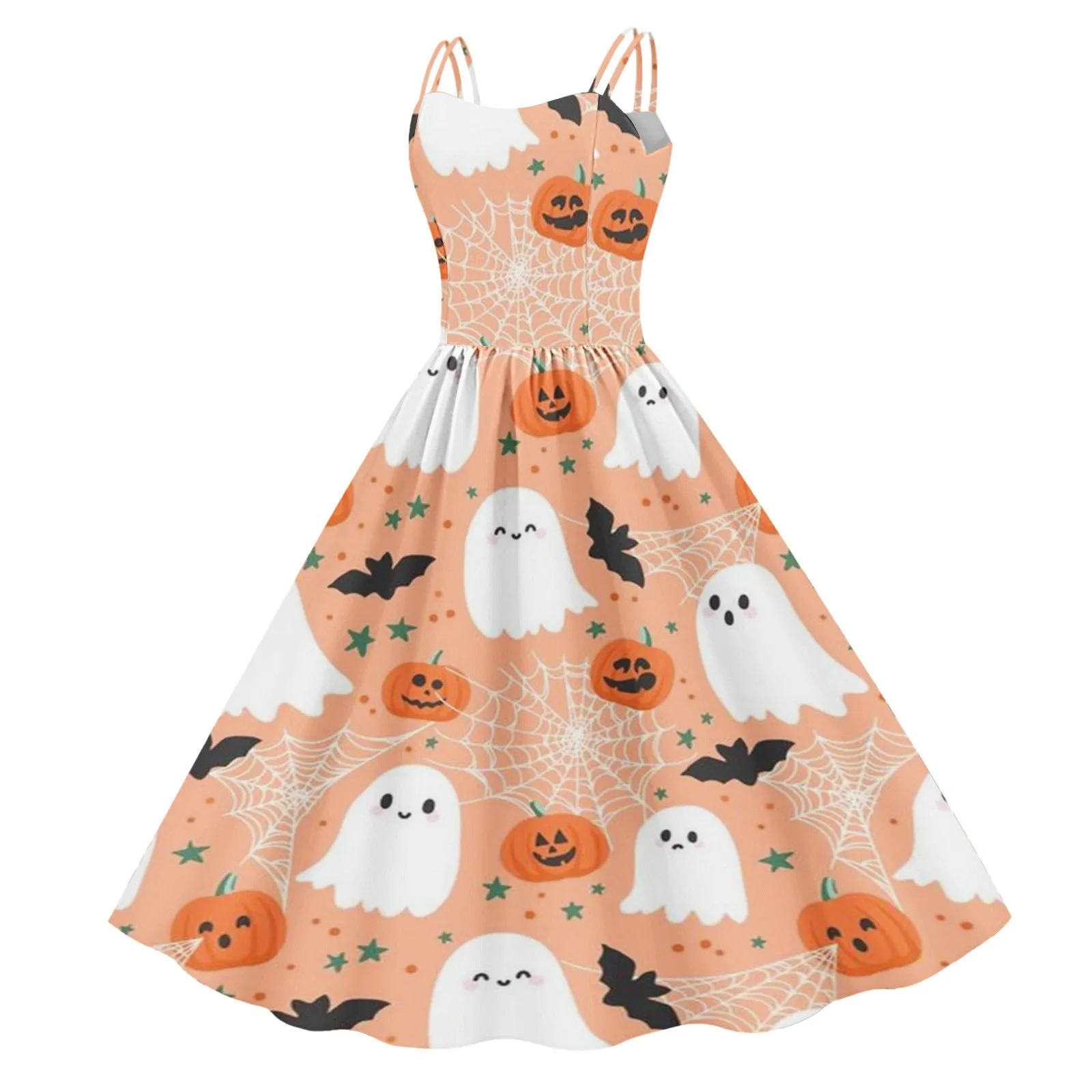 

Cute Lovely Halloween Theme Evening Dresses Ghost Bat Pumpkin Printed Prom Long Dresses Harajuku Spaghetti Strap A-Line Dress