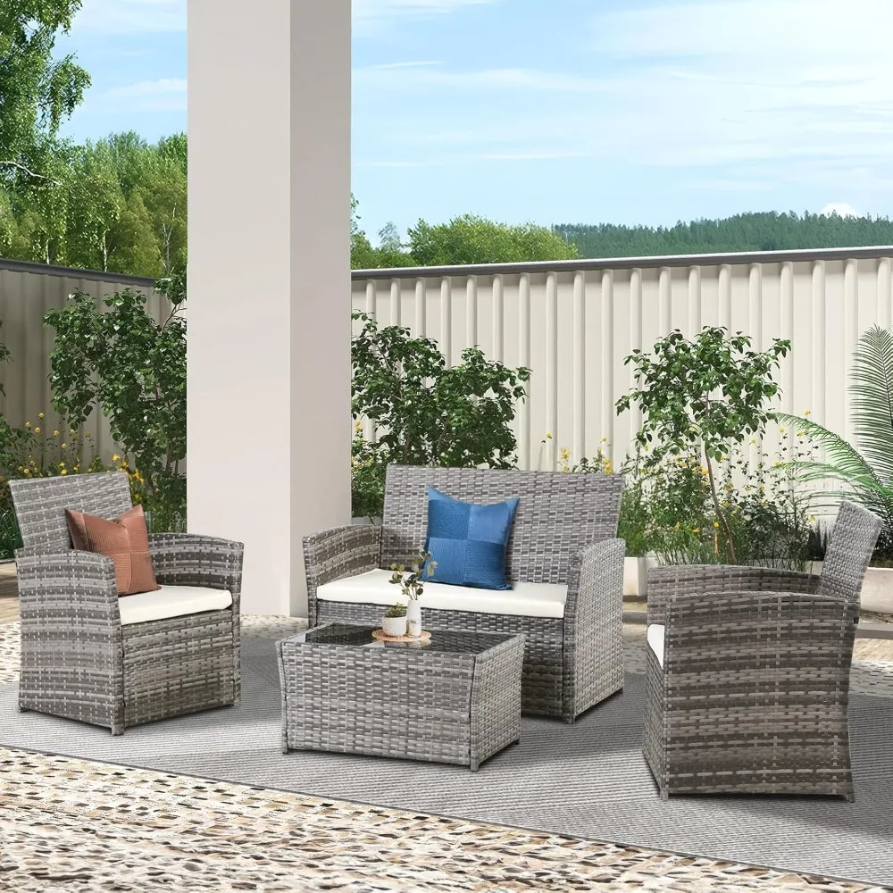 

4 Piece Patio Furniture Set, Outdoor Wicker Conversation Sets with Cushion, Rattan Sofa Chair for Backyard Lawn Garden (Gray Wic