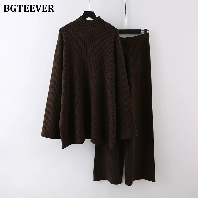 BGTEEVER Autumn Winter Thicken Warm Ladies 2 Pieces Knitted Outfits Long Sleeve Half High Collar Sweaters Women Knitting Pants