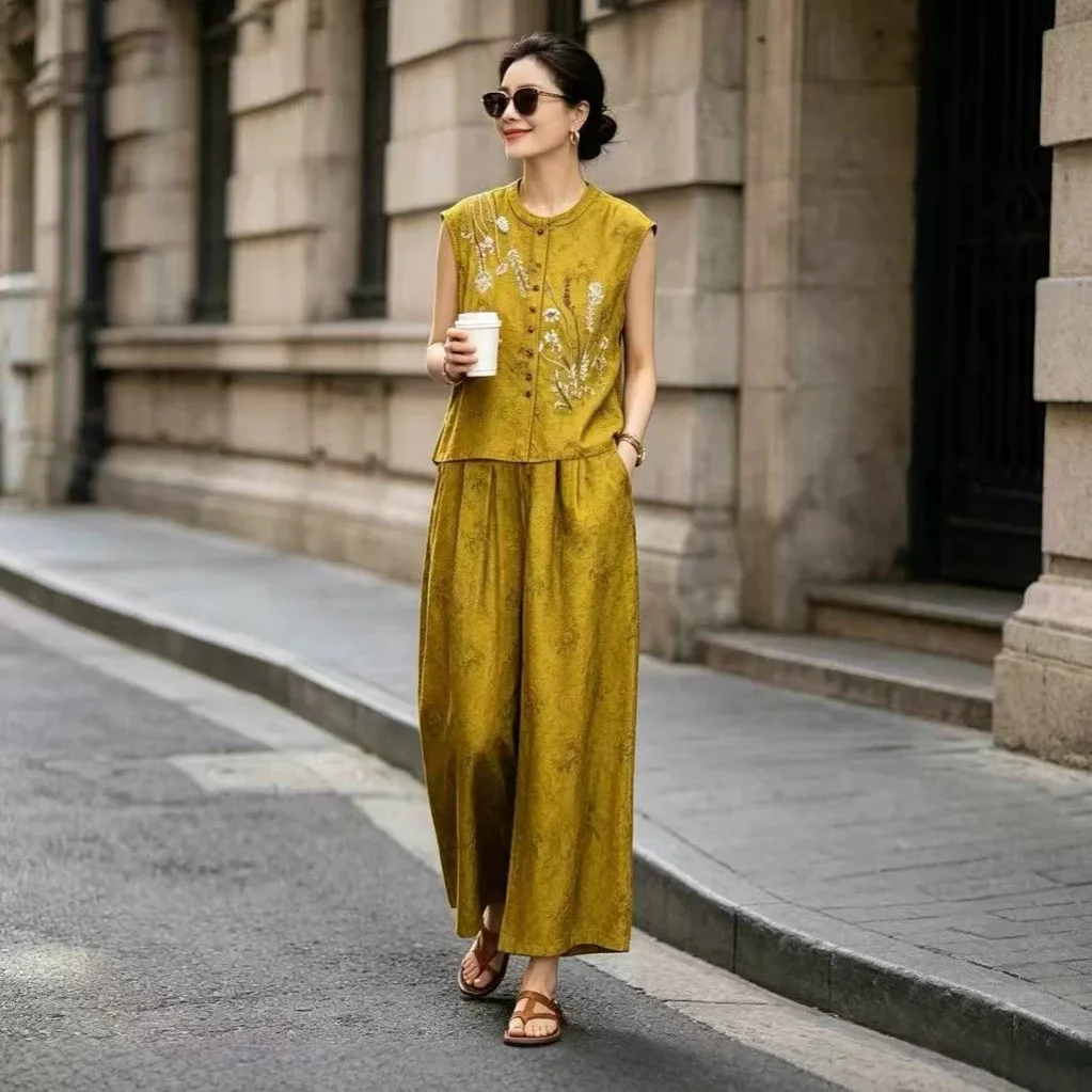 

New Chinese Cloud Jacquard Sleeveless Top Elastic Waist Wide Leg Pants Set